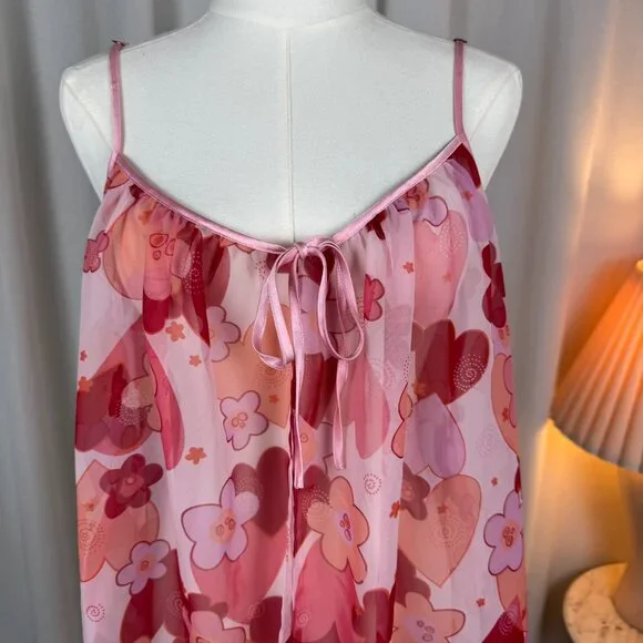 La Senza Y2K Pink Hearts Floral Chiffon Ruffle Slip Medium - Picture 6 of 9